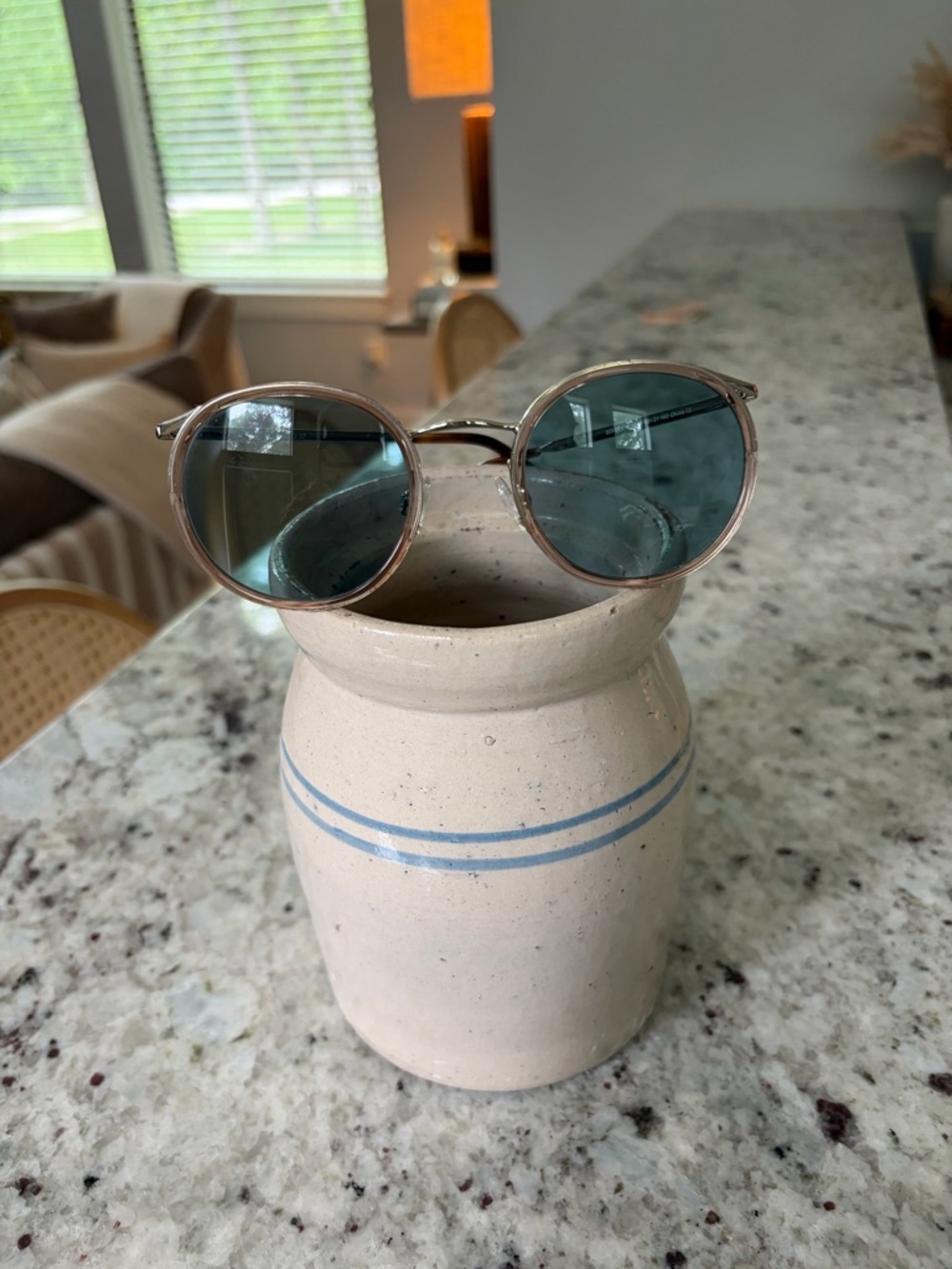 Warby Parker Round Sunglasses with Blue Lenses and Clear Pink Frame